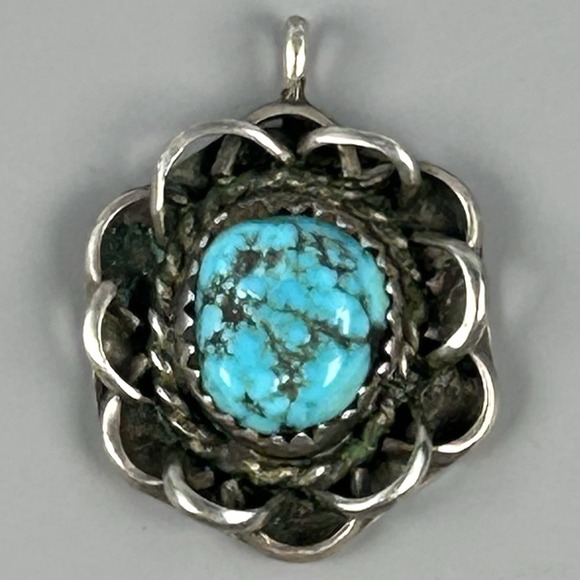 Sterling Jewelry - Sterling Silver Blue Turquoise 3/4" Floral Pendant Hand Cut Bezel 3.15g